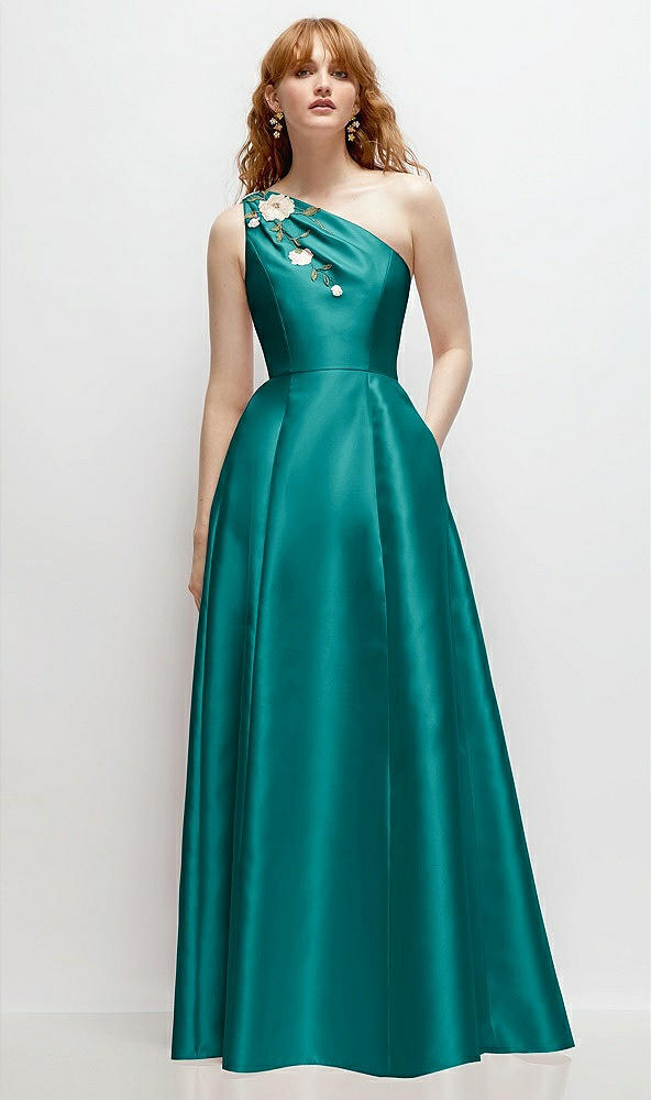 Front View - Jade One-Shoulder Full A-Line Satin Gown with Handworked Floral Appliqué