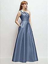 Side View Thumbnail - Larkspur Blue One-Shoulder Full A-Line Satin Gown with Handworked Floral Appliqué