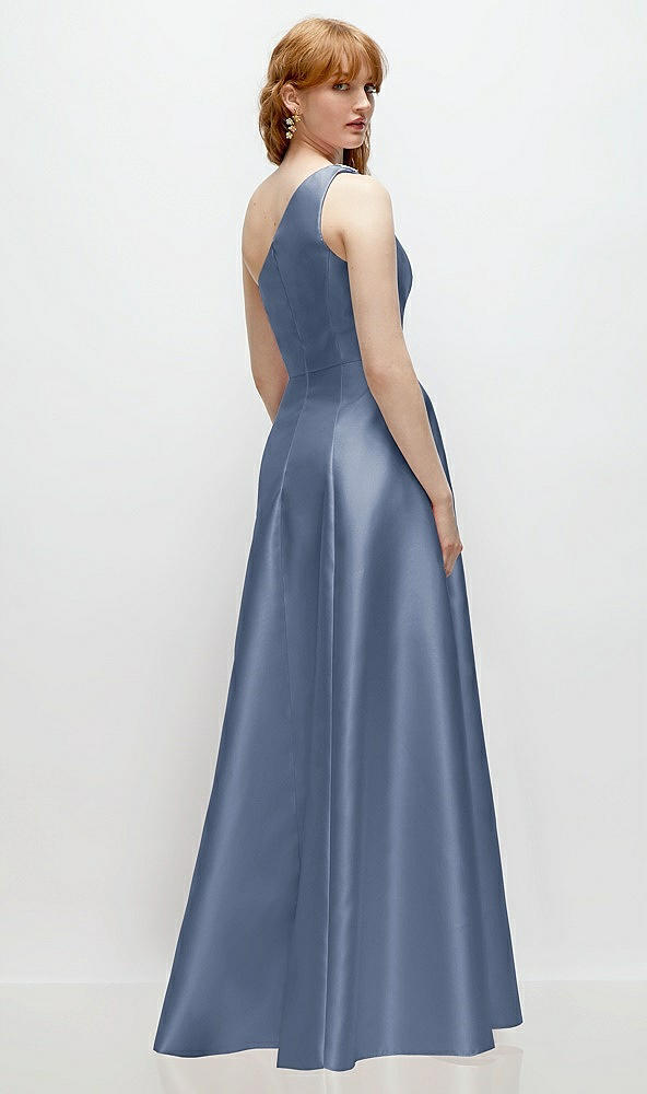 Back View - Larkspur Blue One-Shoulder Full A-Line Satin Gown with Handworked Floral Appliqué