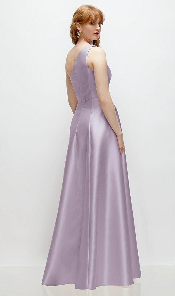 Back View - Lilac Haze One-Shoulder Full A-Line Satin Gown with Handworked Floral Appliqué