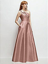 Side View Thumbnail - Neu Nude One-Shoulder Full A-Line Satin Gown with Handworked Floral Appliqué