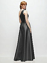 Rear View Thumbnail - Pewter One-Shoulder Full A-Line Satin Gown with Handworked Floral Appliqué