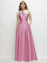 Front View Thumbnail - Powder Pink One-Shoulder Full A-Line Satin Gown with Handworked Floral Appliqué