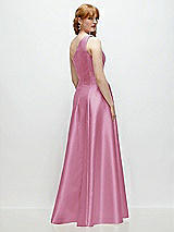 Rear View Thumbnail - Powder Pink One-Shoulder Full A-Line Satin Gown with Handworked Floral Appliqué