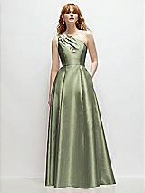 Front View Thumbnail - Sage One-Shoulder Full A-Line Satin Gown with Handworked Floral Appliqué