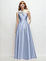 Front View Thumbnail - Sky Blue One-Shoulder Full A-Line Satin Gown with Handworked Floral Appliqué