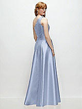 Rear View Thumbnail - Sky Blue One-Shoulder Full A-Line Satin Gown with Handworked Floral Appliqué