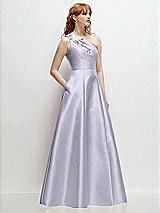 Side View Thumbnail - Silver Dove One-Shoulder Full A-Line Satin Gown with Handworked Floral Appliqué