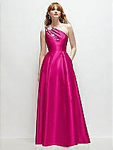 Front View Thumbnail - Think Pink One-Shoulder Full A-Line Satin Gown with Handworked Floral Appliqué