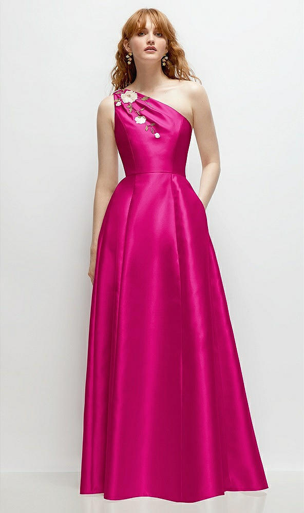 Front View - Think Pink One-Shoulder Full A-Line Satin Gown with Handworked Floral Appliqué