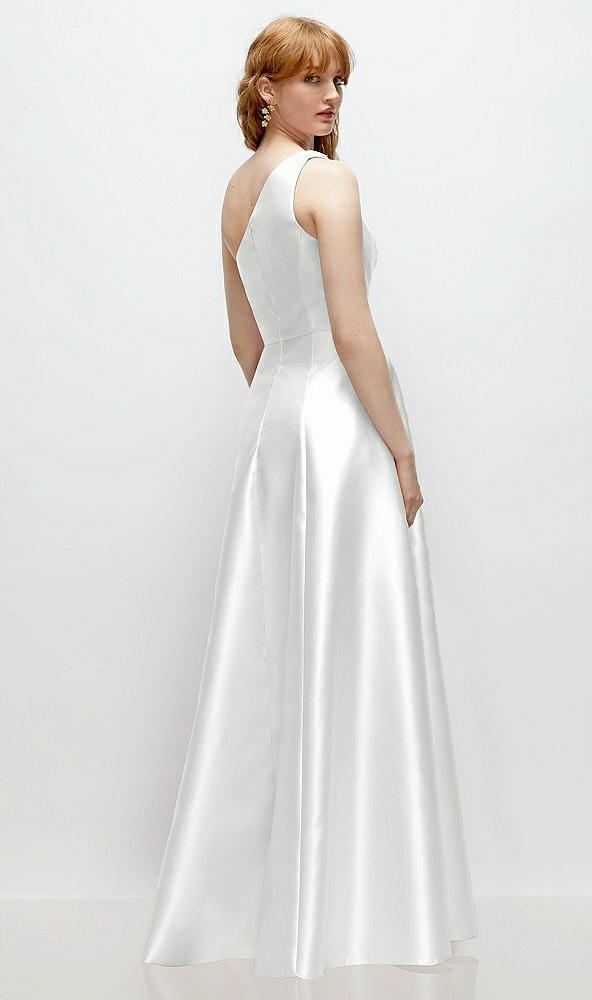 Back View - White One-Shoulder Full A-Line Satin Gown with Handworked Floral Appliqué