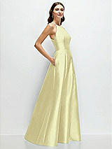 Side View Thumbnail - Butter Yellow Jewel Neck Halter Full A-Line Satin Maxi Dress