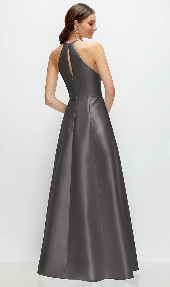 Back View - Caviar Gray Jewel Neck Halter Full A-Line Satin Maxi Dress