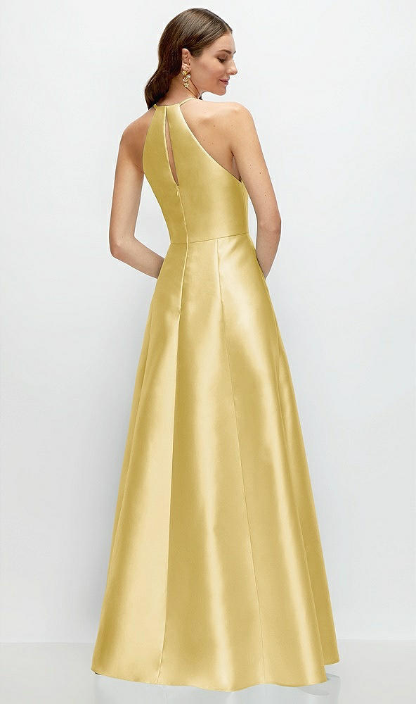 Back View - Maize Jewel Neck Halter Full A-Line Satin Maxi Dress