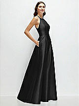 Side View Thumbnail - Black Jewel Neck Halter Full A-Line Satin Maxi Dress