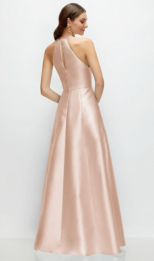 Back View - Cameo Jewel Neck Halter Full A-Line Satin Maxi Dress