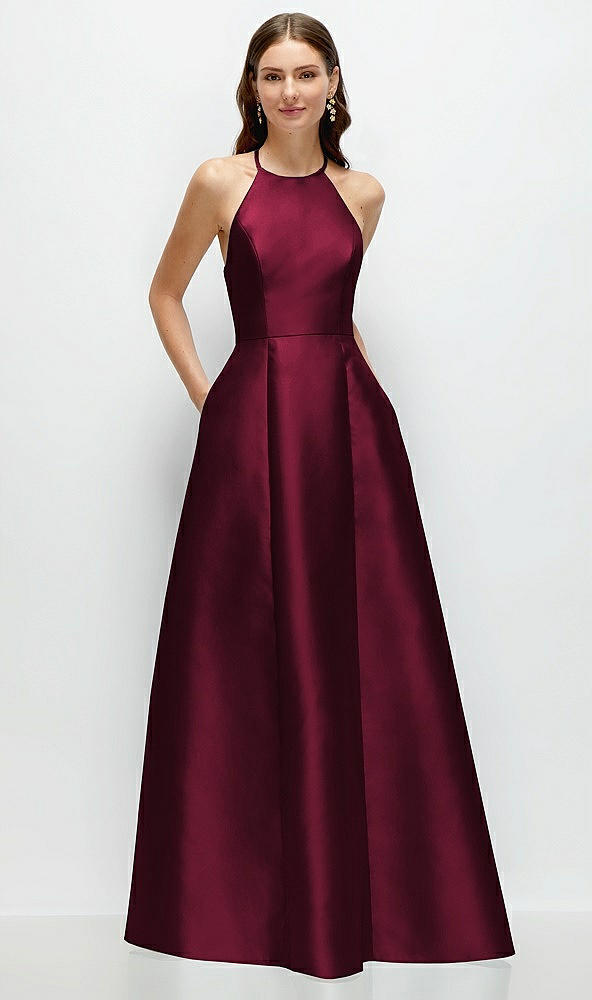 Front View - Cabernet Jewel Neck Halter Full A-Line Satin Maxi Dress