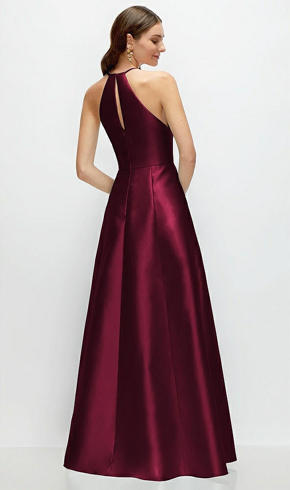 Back View - Cabernet Jewel Neck Halter Full A-Line Satin Maxi Dress