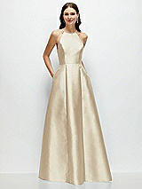 Front View Thumbnail - Champagne Jewel Neck Halter Full A-Line Satin Maxi Dress