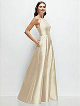 Side View Thumbnail - Champagne Jewel Neck Halter Full A-Line Satin Maxi Dress