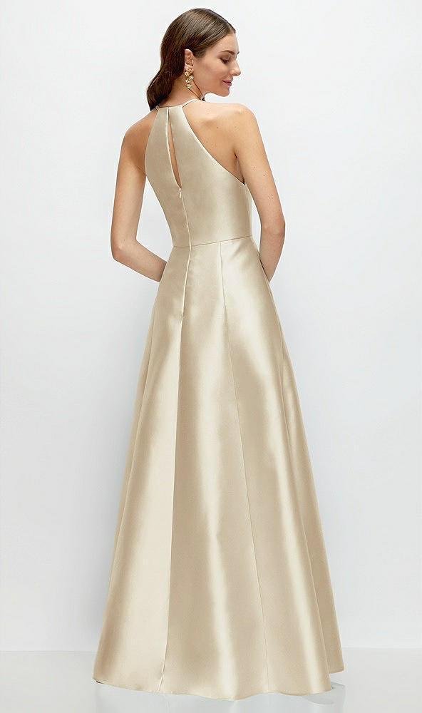 Back View - Champagne Jewel Neck Halter Full A-Line Satin Maxi Dress