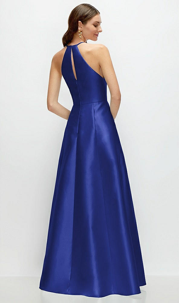 Back View - Cobalt Blue Jewel Neck Halter Full A-Line Satin Maxi Dress