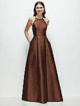 Front View Thumbnail - Cognac Jewel Neck Halter Full A-Line Satin Maxi Dress