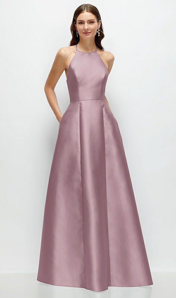 Front View - Dusty Rose Jewel Neck Halter Full A-Line Satin Maxi Dress