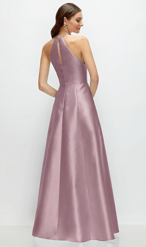 Back View - Dusty Rose Jewel Neck Halter Full A-Line Satin Maxi Dress