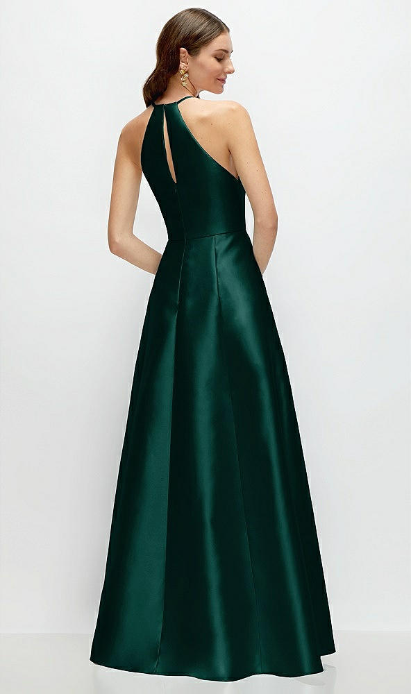 Back View - Evergreen Jewel Neck Halter Full A-Line Satin Maxi Dress