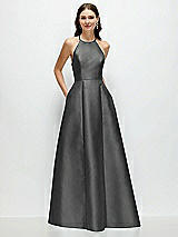 Front View Thumbnail - Gunmetal Jewel Neck Halter Full A-Line Satin Maxi Dress