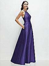 Side View Thumbnail - Grape Jewel Neck Halter Full A-Line Satin Maxi Dress