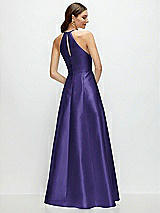 Rear View Thumbnail - Grape Jewel Neck Halter Full A-Line Satin Maxi Dress