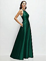 Side View Thumbnail - Hunter Green Jewel Neck Halter Full A-Line Satin Maxi Dress