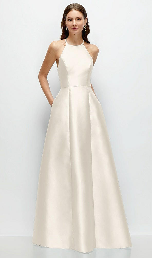 Front View - Ivory Jewel Neck Halter Full A-Line Satin Maxi Dress