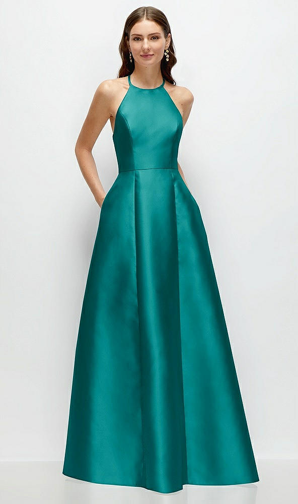 Front View - Jade Jewel Neck Halter Full A-Line Satin Maxi Dress