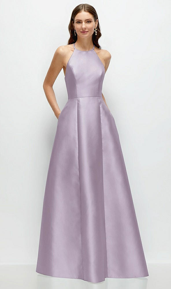 Front View - Lilac Haze Jewel Neck Halter Full A-Line Satin Maxi Dress