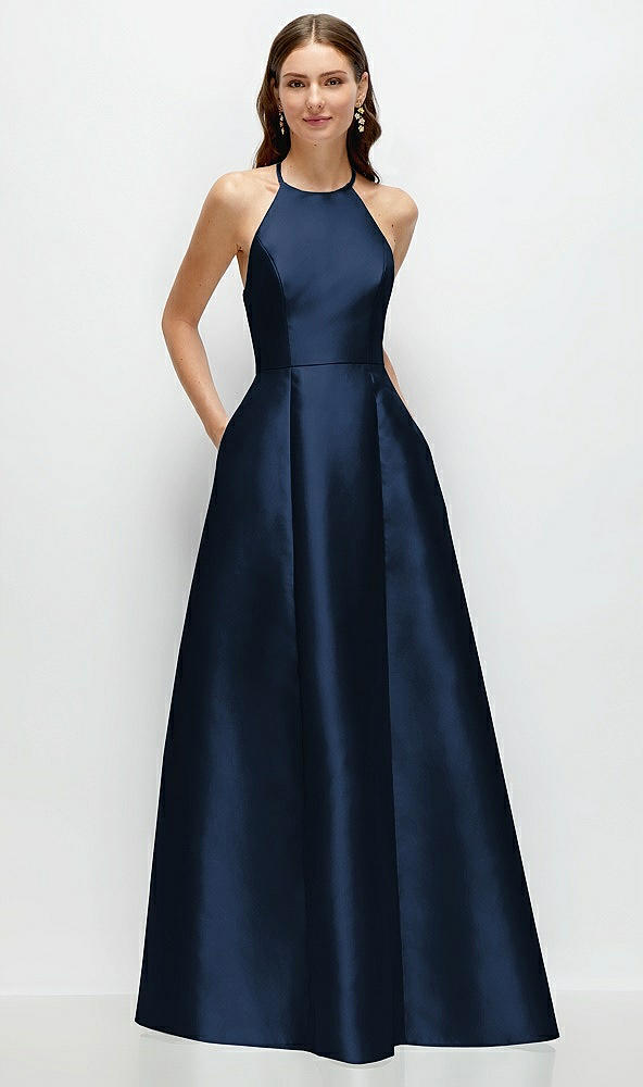 Front View - Midnight Navy Jewel Neck Halter Full A-Line Satin Maxi Dress