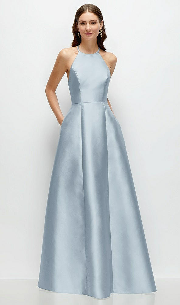 Front View - Mist Jewel Neck Halter Full A-Line Satin Maxi Dress