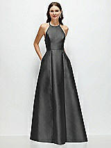 Front View Thumbnail - Pewter Jewel Neck Halter Full A-Line Satin Maxi Dress