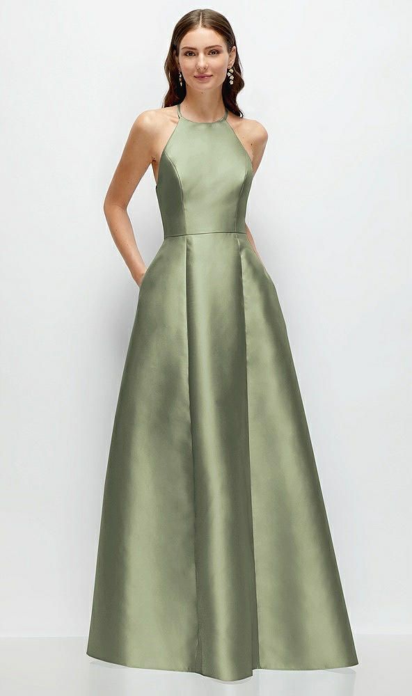 Front View - Sage Jewel Neck Halter Full A-Line Satin Maxi Dress