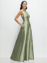 Side View Thumbnail - Sage Jewel Neck Halter Full A-Line Satin Maxi Dress