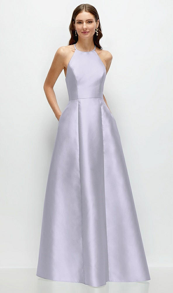 Front View - Silver Dove Jewel Neck Halter Full A-Line Satin Maxi Dress