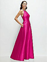 Side View Thumbnail - Think Pink Jewel Neck Halter Full A-Line Satin Maxi Dress