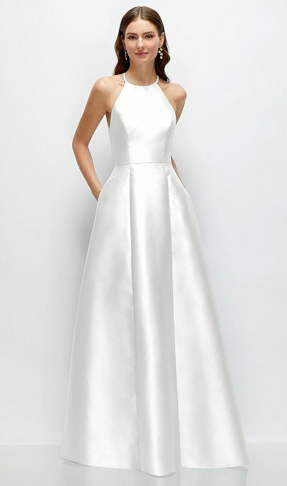 Front View - White Jewel Neck Halter Full A-Line Satin Maxi Dress