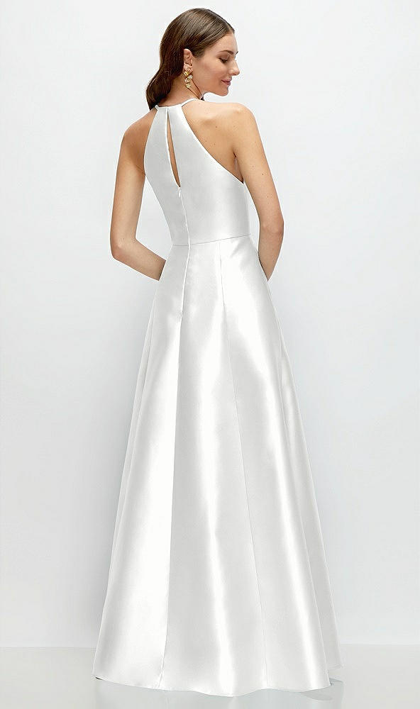 Back View - White Jewel Neck Halter Full A-Line Satin Maxi Dress