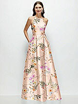 Front View Thumbnail - Butterfly Botanica Pink Sand Jewel Neck Halter Full A-Line Satin Floral Maxi Dress