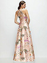 Rear View Thumbnail - Butterfly Botanica Pink Sand Jewel Neck Halter Full A-Line Satin Floral Maxi Dress