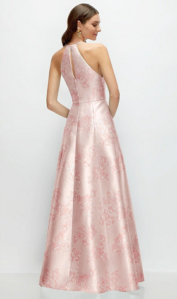 Back View - Bow And Blossom Print Jewel Neck Halter Full A-Line Satin Floral Maxi Dress