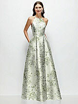 Front View Thumbnail - Cottage Rose Sage Jewel Neck Halter Full A-Line Satin Floral Maxi Dress